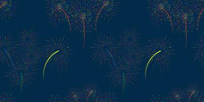 Vektor nahtlos Muster mit verschiedene bunt Feuerwerk auf ein Blau Hintergrund. Hintergrund zum Feiertage, Feste.