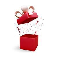 gåva låda med röd band och rosett och faller konfetti. Semester baner med öppen låda. närvarande låda dekoration design element. vektor illustration
