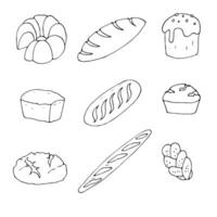 vektor uppsättning av bageri Produkter i tecknad serie stil på en vit bakgrund. översikt teckning av bröd och bullar.
