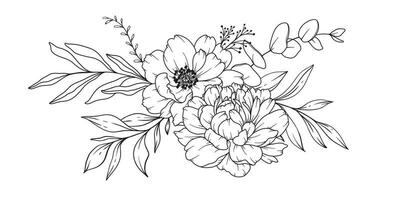 Pfingstrose Linie Zeichnung. schwarz und Weiß Blumen- Blumensträuße. Blume Färbung Buchseite. Blumen- Linie Kunst. fein Linie Pfingstrose Illustration. Hand gezeichnet Blumen. botanisch Färbung. Hochzeit Einladung Blumen vektor