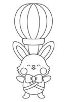 Vektor schwarz und Weiß Ostern Hase Symbol zum Kinder. süß Linie kawaii Hase Illustration oder Färbung Buchseite. komisch Karikatur Hase Charakter. traditionell Frühling Urlaub Symbol fliegend auf heiß Luft Ballon