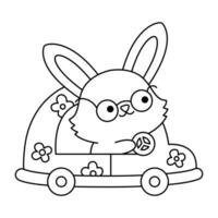 Vektor schwarz und Weiß Ostern Hase Symbol zum Kinder. süß kawaii Hase Illustration oder Färbung Buchseite. komisch Karikatur Hase Charakter. traditionell Frühling Urlaub Symbol im Brille Fahren ein Grün Auto