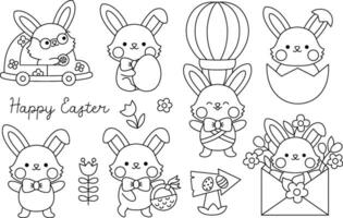 Vektor schwarz und Weiß Ostern Hase einstellen zum Kinder. süß kawaii Linie Kaninchen Sammlung. komisch Karikatur Figuren. traditionell Frühling Urlaub Symbol Illustration oder Färbung Seite mit Hase