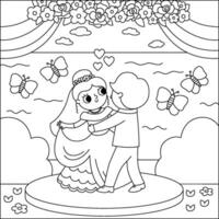 Vektor schwarz und Weiß Hochzeit Szene mit süß gerade verheiratet Paar. Ehe Linie Zeremonie Landschaft Färbung Seite mit Braut und Bräutigam. Mann und Ehefrau Tanzen ihr zuerst tanzen