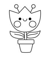 Vektor schwarz und Weiß kawaii Blume Topf mit Tulpe Symbol zum Kinder. süß Linie Ostern Symbol Illustration oder Färbung Buchseite. komisch Karikatur Charakter. bezaubernd Frühling Clip Art mit Haus Pflanze