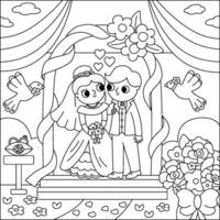 Vektor schwarz und Weiß Hochzeit Szene mit süß gerade verheiratet Paar. Ehe Linie Zeremonie Landschaft Färbung Seite mit Braut und Bräutigam. Mann und Ehefrau Stehen im das Bogen mit Tauben