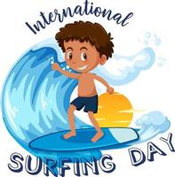 internationell surfing dag banner med en pojke surfare seriefigur isolerad vektor