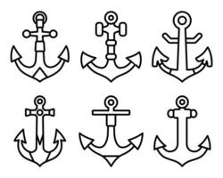 ankare linje ikoner uppsättning. nautisk fartyg förtöjning apparat, traditionell fartyg tillbehör. silhuetter ankare marin Utrustning. Marin, hav flotta, hamn vektor illustration
