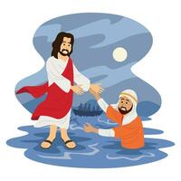 Jesus ging auf Wasser, und geholfen Peter Wer ertrunken weil er versucht zu gehen auf Wasser mögen ihm vektor