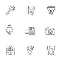 valentine dag ikon design vektor symbol uppsättning Inklusive kärlek nyckel, album, rosor, parfym, kamera, datum, jag kärlek du, plats, Karta, brev