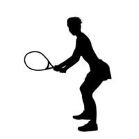 Silhouette von ein männlich Tennis Spieler im Aktion Pose. Silhouette von ein Mann spielen Tennis Sport mit Schläger. vektor