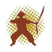 Silhouette von ein Kung Fu oder Wushu kriegerisch Kunst Athlet im Aktion Pose. Silhouette von ein männlich kriegerisch Kunst Person im Pose mit Schwerter Waffe. vektor
