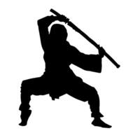 Silhouette von ein männlich Kämpfer im kriegerisch Kunst Kostüm Tragen Samurai Schwert Waffe. vektor