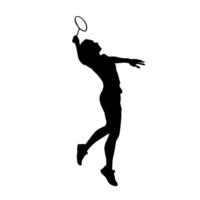 silhuett av kvinna badminton idrottare i verkan utgör. silhuett av en smal kvinna spelar badminton sport. vektor