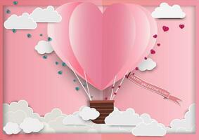 Papier Kunst von Liebe und Origami gemacht Luft Ballon Herz gestalten fliegend .Sie sind im das Luft mit Kopieren Raum. Mutter Tag glücklich Frauen, Vektor Valentinstag Tag und Papier Schnitt Konzept.