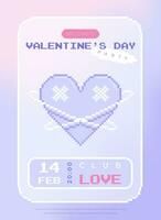 modern y2k Pixel Design Valentinstag Tag Party Einladung und Poster. modisch ästhetisch minimalistisch Vektor Abbildungen mit Pixel Herz, abstrakt Formen, Gradient und Typografie.