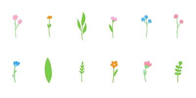minimalistisk vår blom vektor illustration uppsättning. tecknad serie enkel blommor, löv, bruncher, växter isolerat på vit bakgrund.