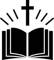 emblem med helig bibel och korsa ikon. religiös gemenskap tecken. öppen bibel de helig bok av kristna symbol. platt stil. vektor