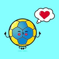 Handball tun Yoga mit Rede Blase. Vektor Hand gezeichnet Karikatur kawaii Charakter Illustration Symbol. isoliert auf Blau Hintergrund. Handball Ball im Liebe Charakter Konzept