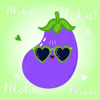 süß komisch Aubergine Charakter. Vektor Hand gezeichnet Karikatur kawaii Charakter Illustration Symbol. isoliert auf Grün Hintergrund. Aubergine Charakter Konzept. Aloha Karte