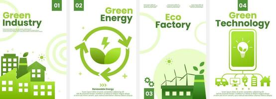 Grün Industrie Energie Technologie Hintergrund. einstellen von 4 modern einfach Hintergrund Vektor Illustration eben Stil. geeignet zum Poster, Abdeckung, Anzeigen, Sozial Banner, oder Flyer