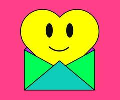 glücklich lächelnd Herz im ein Umschlag. Aufkleber oder Symbol im retro 90er Jahre Stil. eben Vektor Illustration.