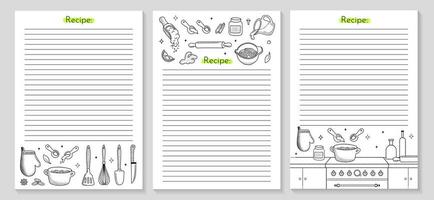 Kochen Rezept 3 Plakate mit Küche Utensilien Gliederung Symbol. leeren Kochbuch Seiten zum hausgemacht Backen. vektor