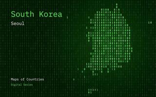 Süd Korea Grün Karte gezeigt im binär Code Muster. Matrix Zahlen, null, eins. Welt Länder Vektor Karten. Digital Serie