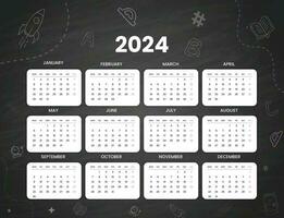 schwarz minimal 2024 Schreibtisch Kalender Vorlage, cool Hand gezeichnet Schule Objekt Hintergrund Design vektor