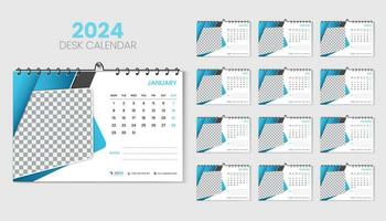 2024 skrivbord kalender mall med modern och minimal design i abstrakt blå Färg form vektor