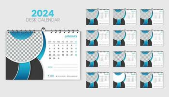 skrivbord kalender 2025 design mall, 12 sidor, blå geometrisk form, brevpapper, kontor vektor