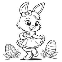 Tanzen Ostern Hase mit dekorativ Eier, Blume, Star schwarz und Weiß Linie Zeichnung. Ostern Sonntag Besondere vektor