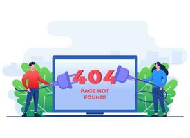 404 Fehler, System Fehler, gebrochen Buchseite, Menschen versuchen zu verbinden getrennt Drähte von das Auslauf, Kabel und Steckdose, Seite nicht gefunden Konzept eben Illustration Vektor Vorlage zum Netz Design, Webseite
