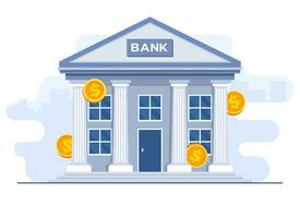 Bank byggnad med dollar mynt runt om platt illustration vektor mall på vit bakgrund