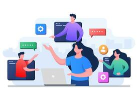företag människor träffa uppkopplad, kvinna anställd tala på video ring upp med medarbetare på bärbar dator på Hem, video konferens, team tänkande och brainstorming, avlägsen arbetssätt, virtuell möte, telefonkonferens, vektor