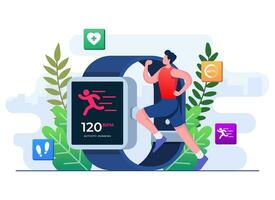 Läufer Überwachung seine Herz Bewertung im Smartwatch, trainieren, Fitness und Gesundheit Konzept, Fitness Anwendung, am Handgelenk getragen Gerät, Ausbildung, Sport Übungen vektor