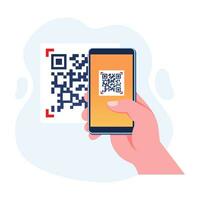 Hand halten Handy, Mobiltelefon Telefon im das Prozess von Scannen qr Code Konzept eben Illustration Vektor Vorlage, Digital Scanner App auf Bildschirm zum Zahlung oder Identifikation, praktisch Links