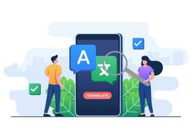 Übersetzung Konzept eben Illustration Vektor Vorlage, Übersetzen Sprachen, online Übersetzer Handy, Mobiltelefon Anwendung