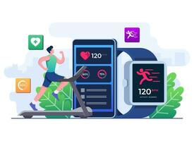 smart klocka kondition tracker begrepp platt illustration vektor mall, man karaktär löpning på en löpband, smart arbetssätt, Träning, sporter övningar, övervakning hjärta Betygsätta, gadgetar och enheter