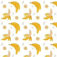 söt mönster med gul bananer på en vit bakgrund, skalad banan och en knippa av bananer, tropisk frukt vektor