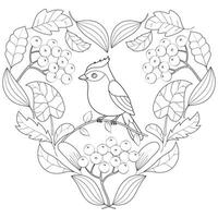 Kunst Therapie Färbung Buchseite. Herz von Herbst Blätter mit Vogel. schwarz und Weiß. vektor
