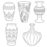 Gliederung Vasen und Amphora Satz, Vektor linear. Vase Keramik, uralt Topf griechisch