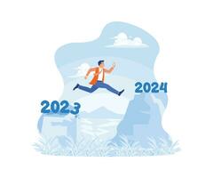 Unternehmer springen von das Cliff von das Vergangenheit zu das Zukunft. Sie sind Herstellung Geschäft Änderungen von 2023 zu 2024. glücklich Neu Jahr 2024 Konzept. Trend modern Vektor eben Illustration