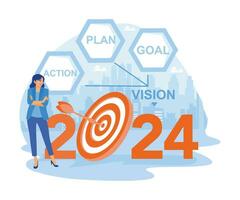 affärskvinna framställning planen idéer till uppnå företag mål i 2024. stad se i de bakgrund. företag i de ny år 2024 begrepp. trend modern vektor platt illustration