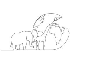 Elefant Giraffe Welt Karte Welt Globus Bildung Tiere Leben Linie Kunst Design Konzept vektor