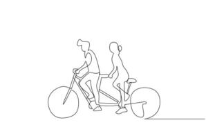 jung Paar Mann und Frau Reiten das gleich Fahrrad Park draussen Leben Linie Kunst Design vektor