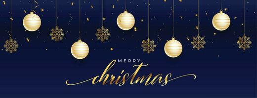 fröhlich Weihnachten dekorativ Banner mit hängend Bälle und Schneeflocken vektor