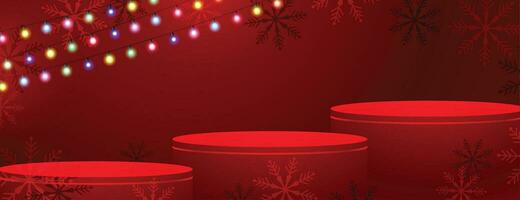 3d Podium Plattform auf fröhlich Weihnachten rot Banner mit Licht Zeichenfolge vektor
