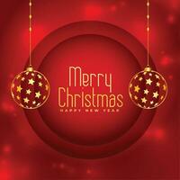 glad jul lyckönskningar kort med hängande boll design vektor