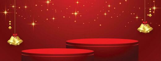 3d podium plattform för glad jul röd baner med hängande klocka vektor